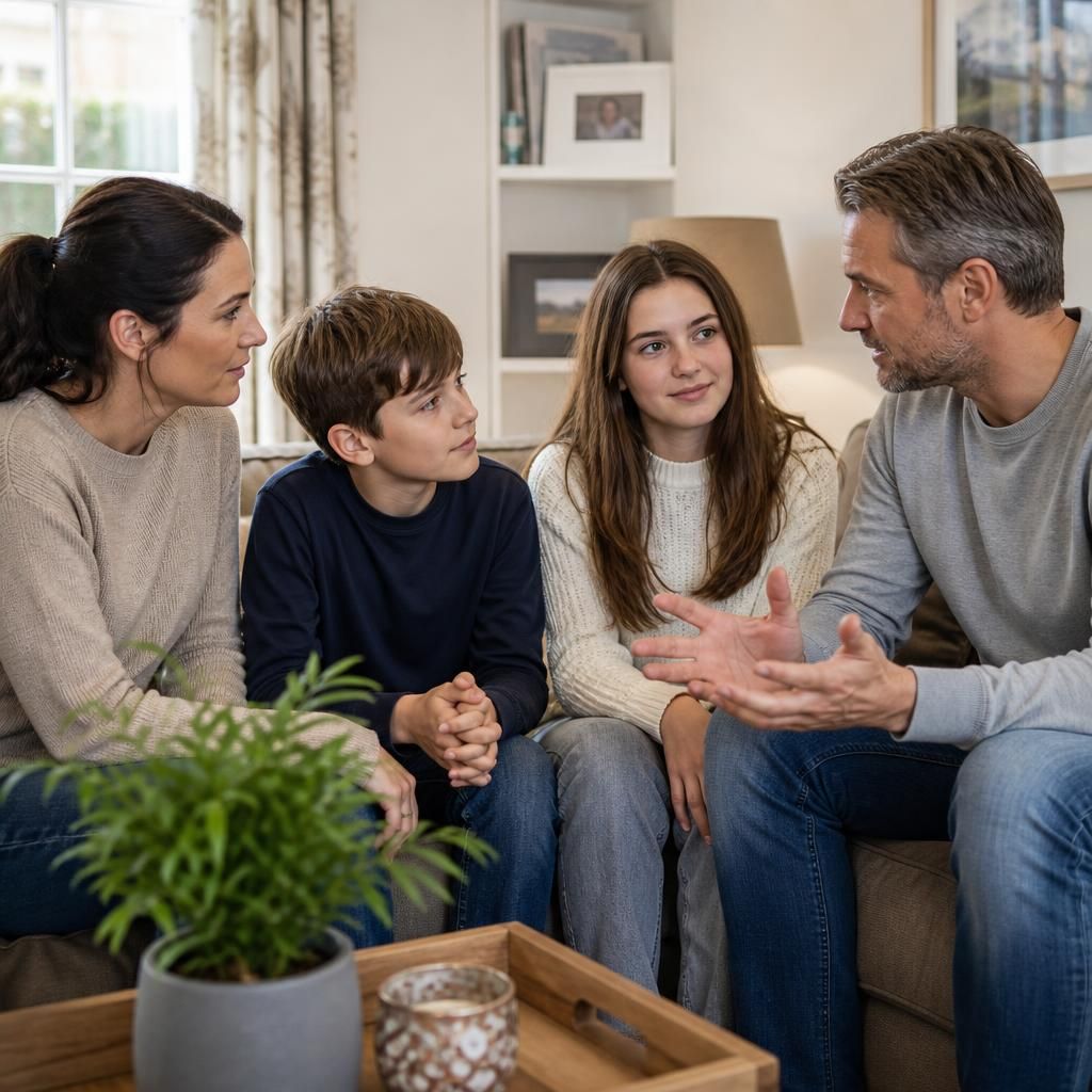 Parents and children talking together at home
