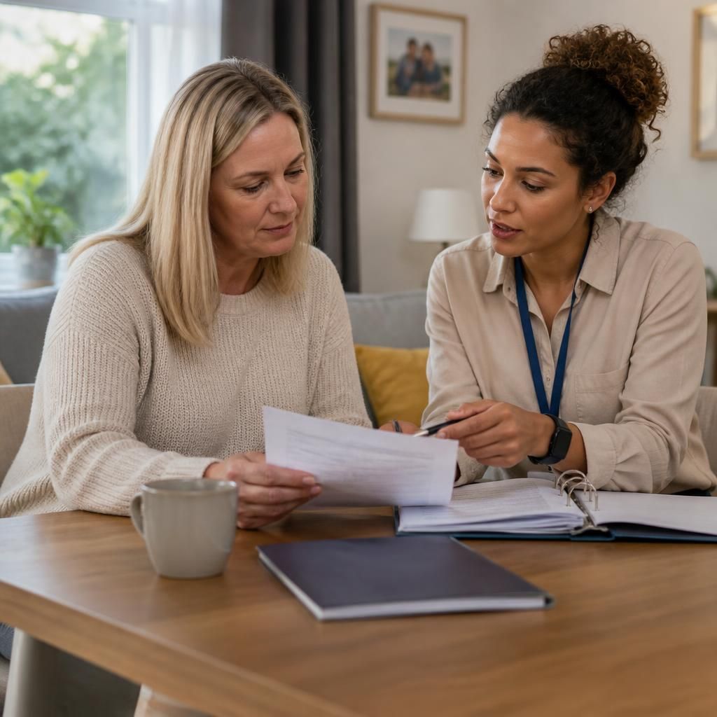 Foster carer reviewing allowance records with a supervising social worker