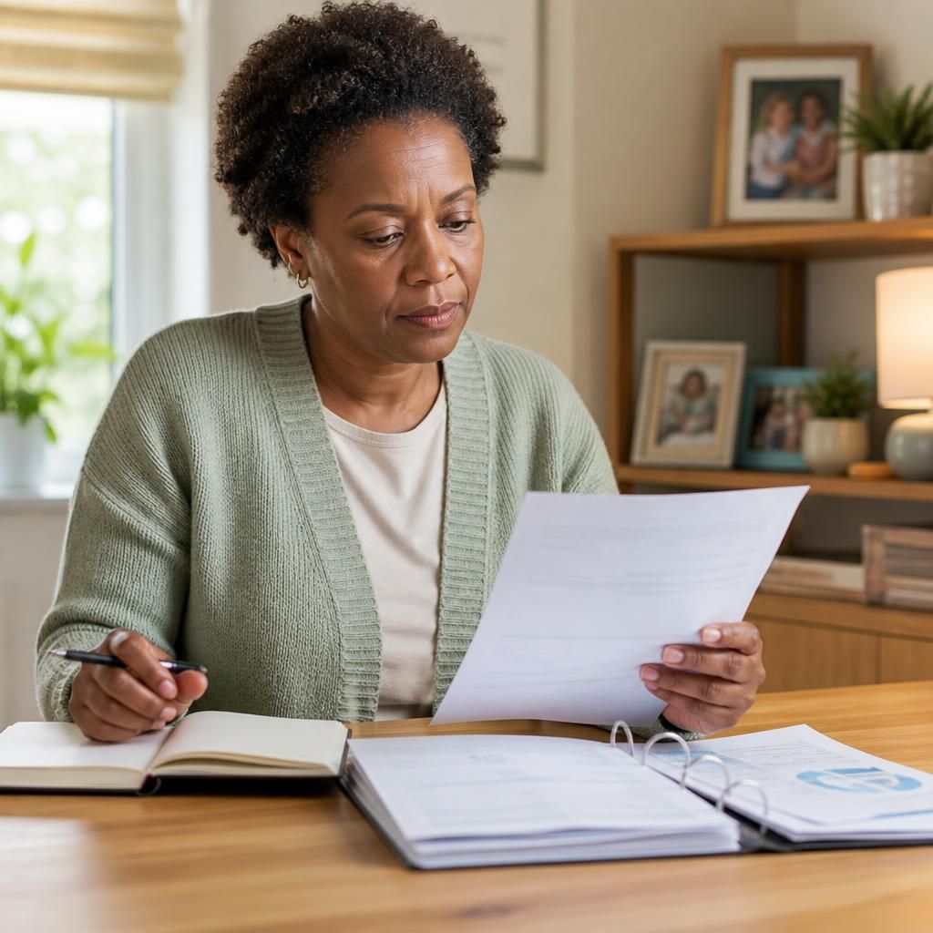 Kinship carer reviewing fostering paperwork at home