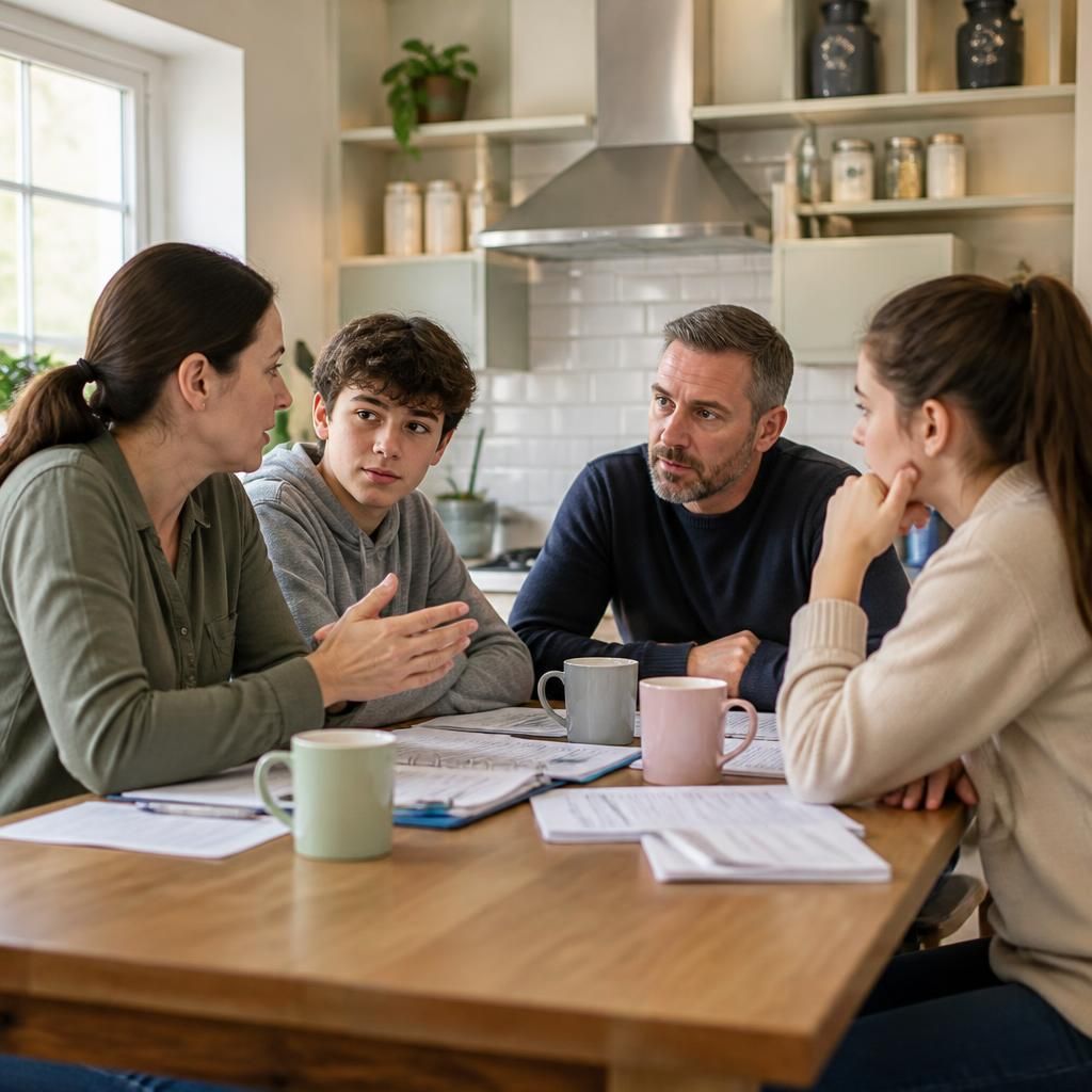 Foster carers and household members discussing family routines around a kitchen table