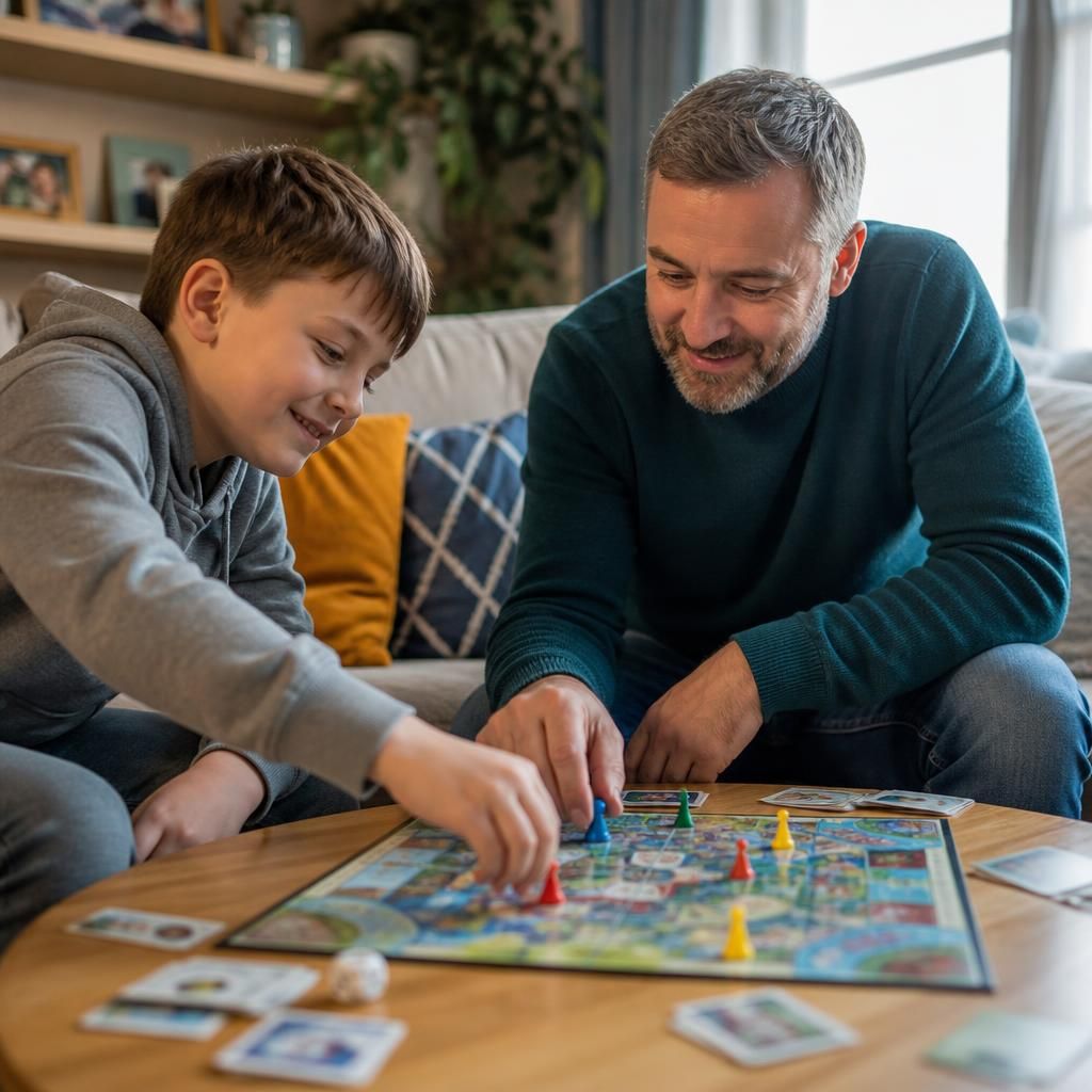 Foster carer and child playing a board game at home