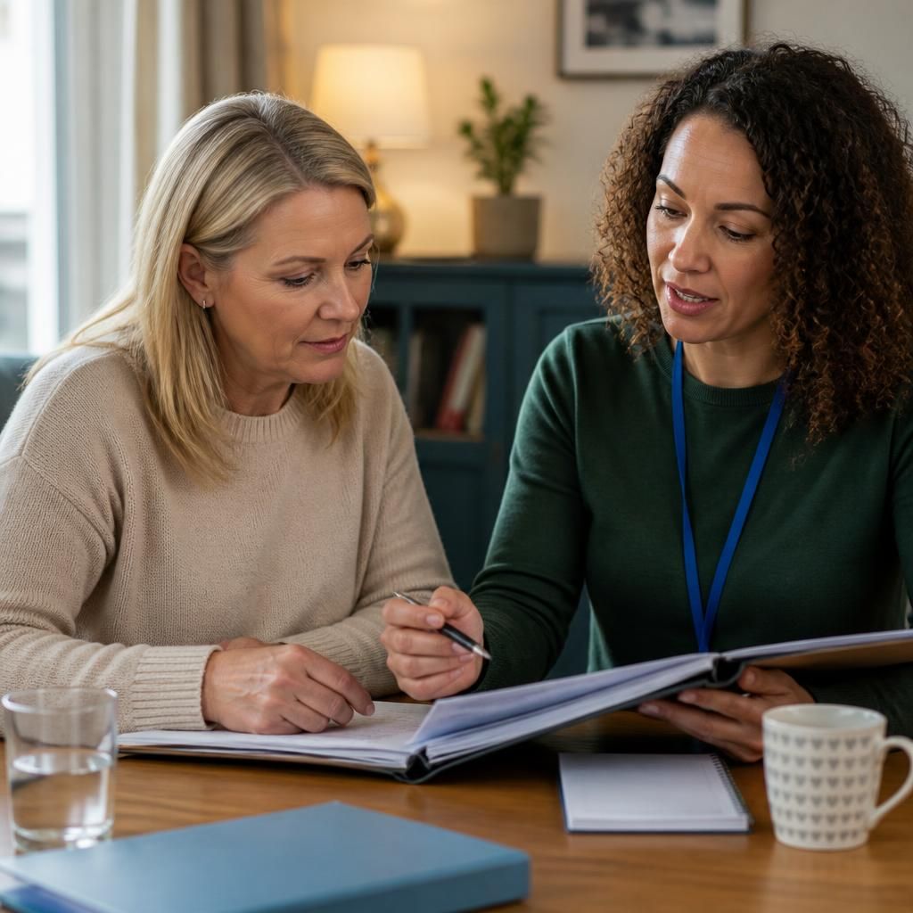 Foster carer and support worker reviewing placement notes at a table