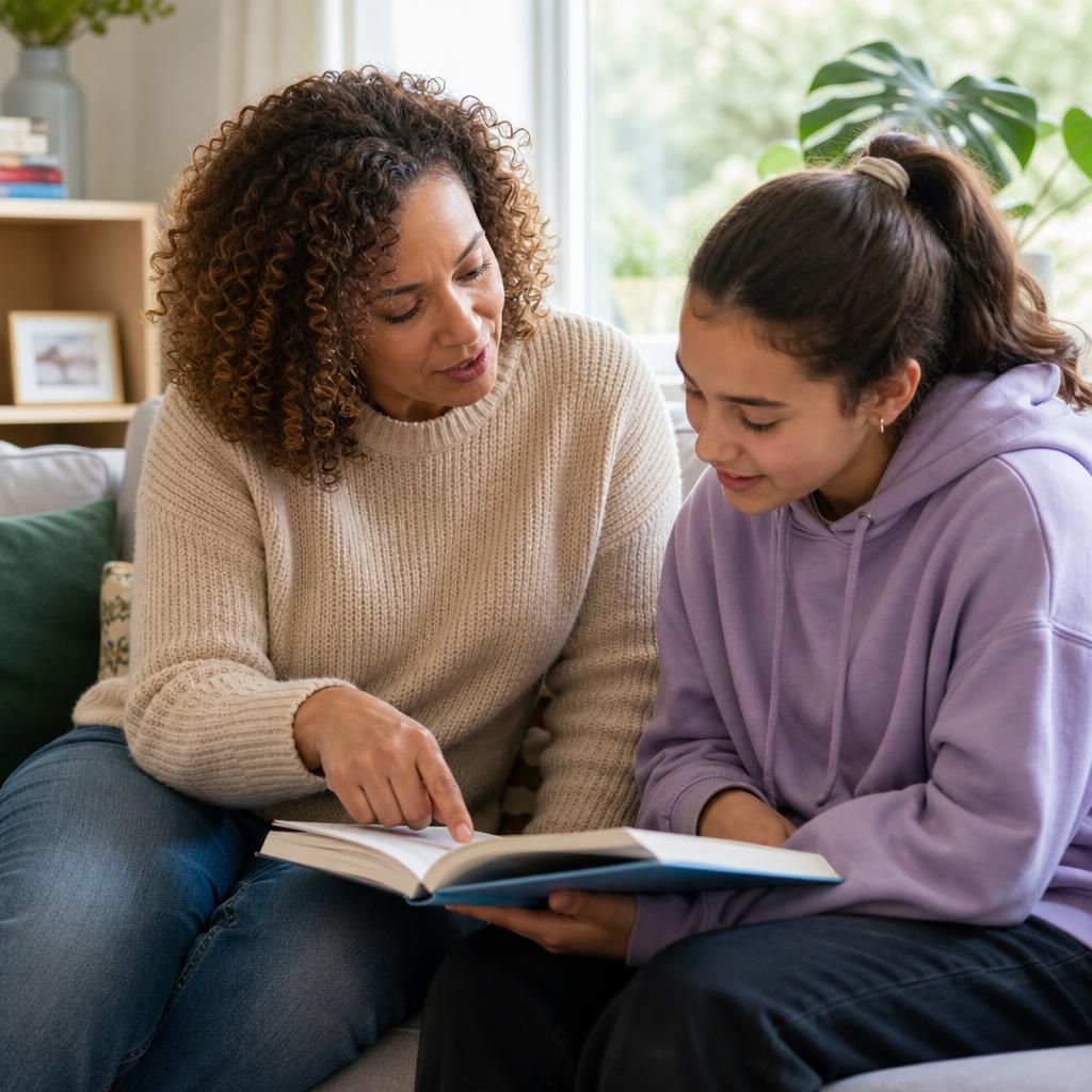 Foster carer and young person discussing a book together