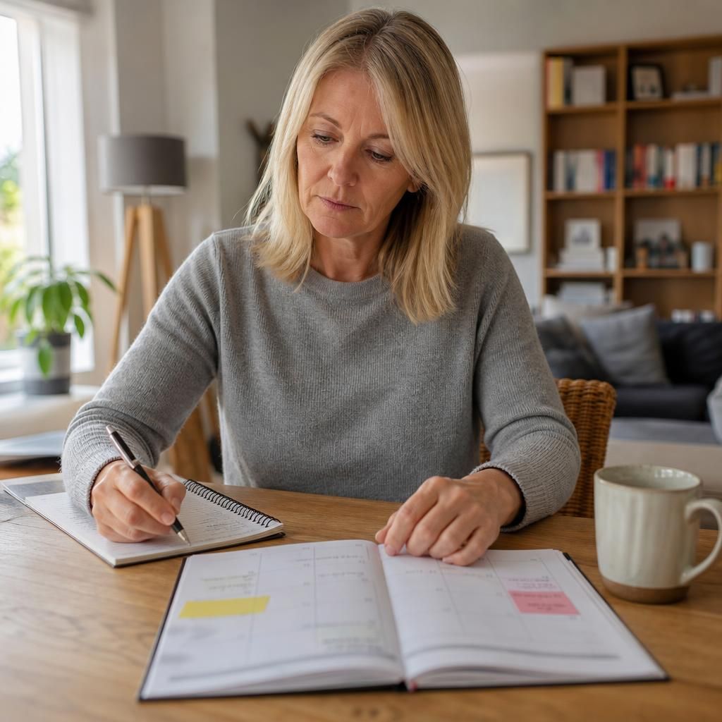 Foster carer reviewing a wellbeing plan with a notebook and calendar