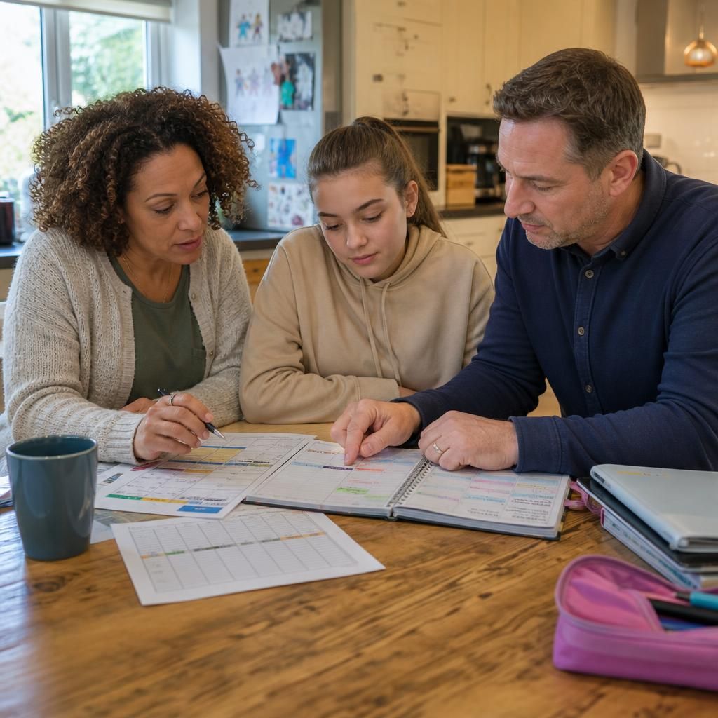 Family reviewing a weekly calendar and school timetable at a kitchen table