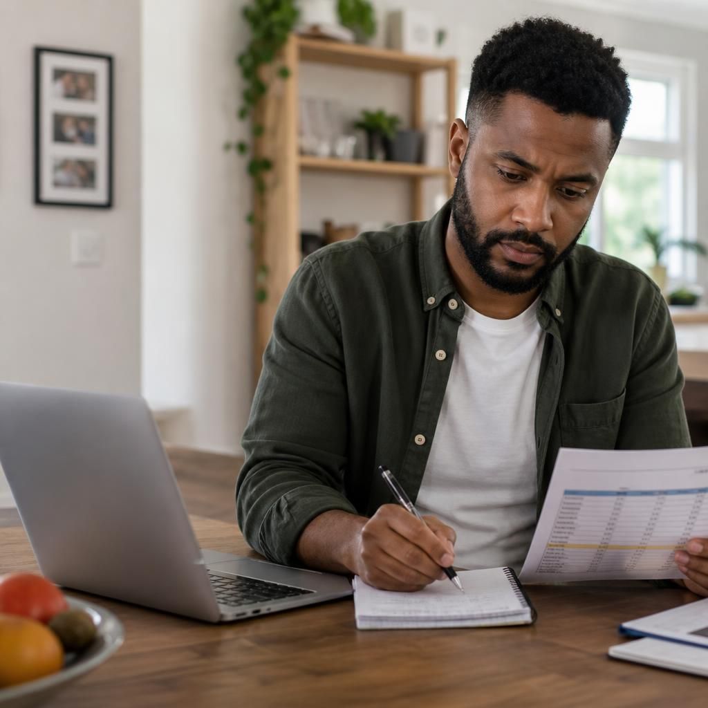 Working carer reviewing a foster care training schedule with a laptop and notebook