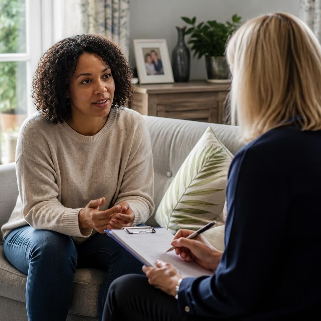 Foster carer speaking with a social worker during a home visit