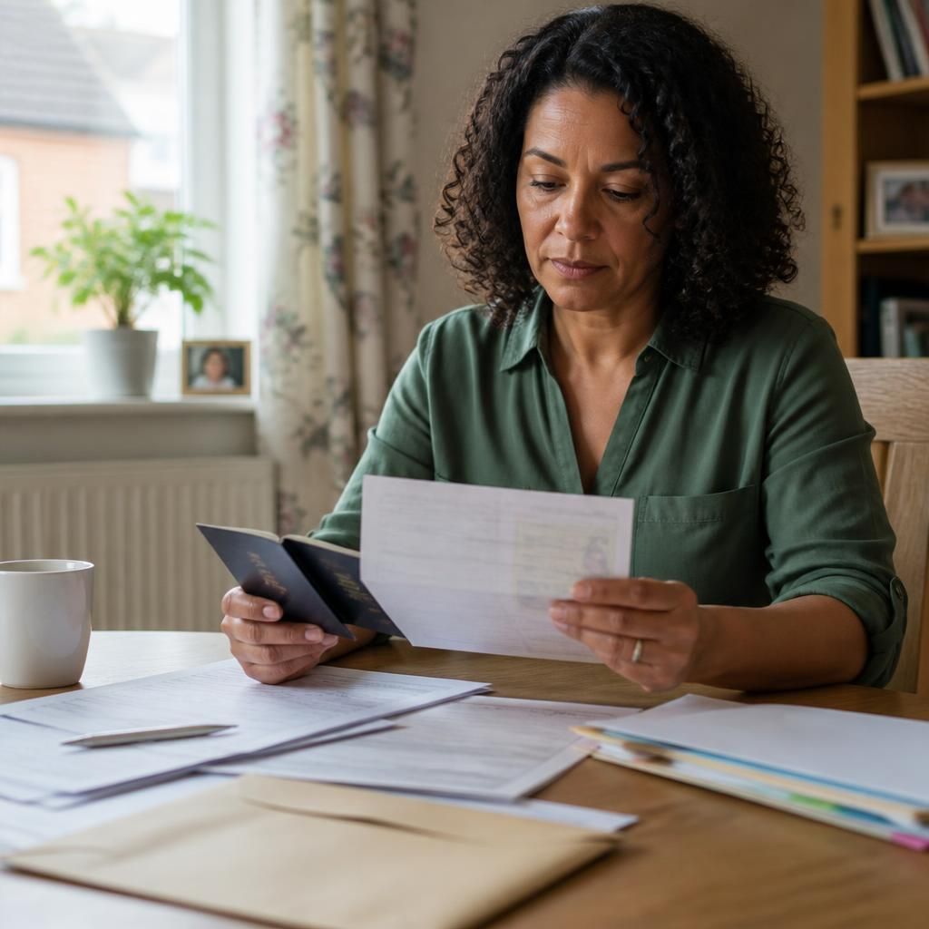 Foster carer reviewing identity documents and application forms at a table