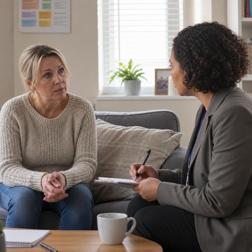 Foster carer speaking with a social worker during a review meeting