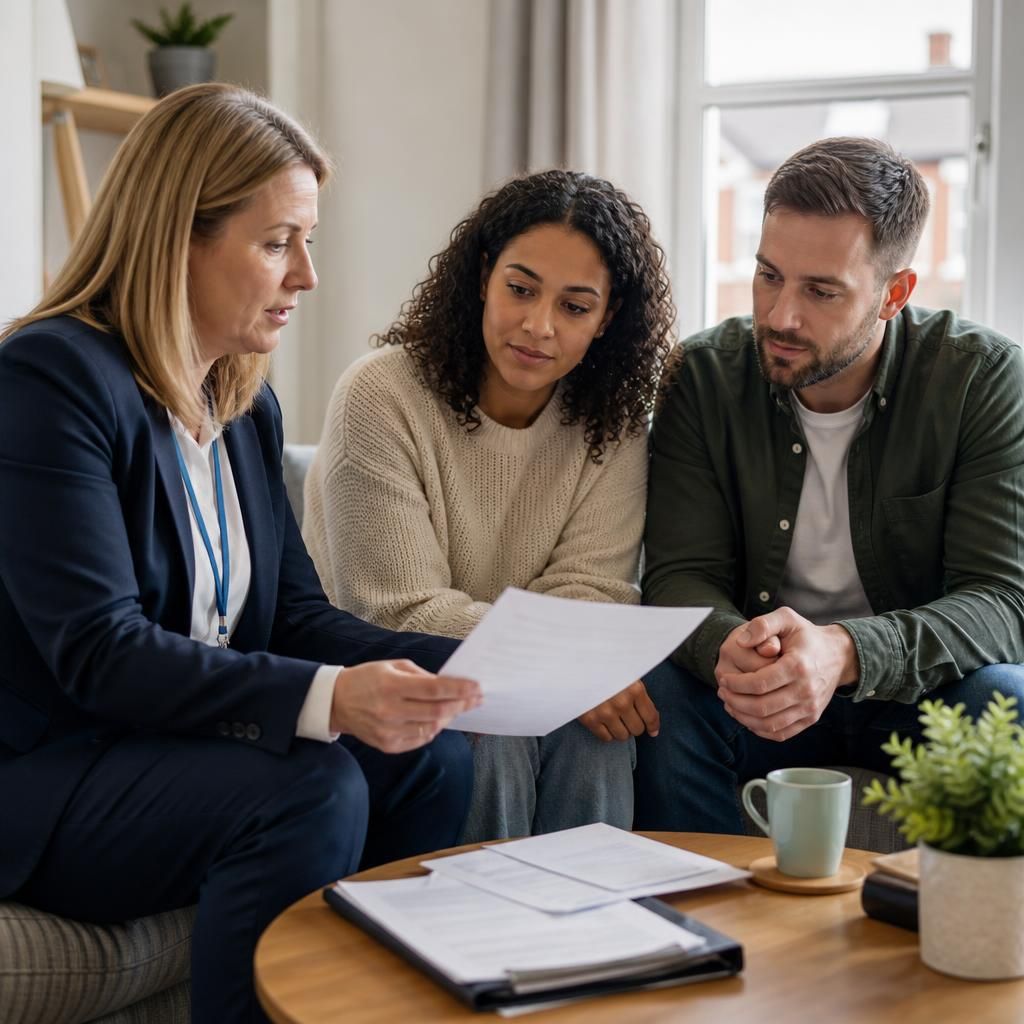 Social worker discussing housing documents with a couple at home