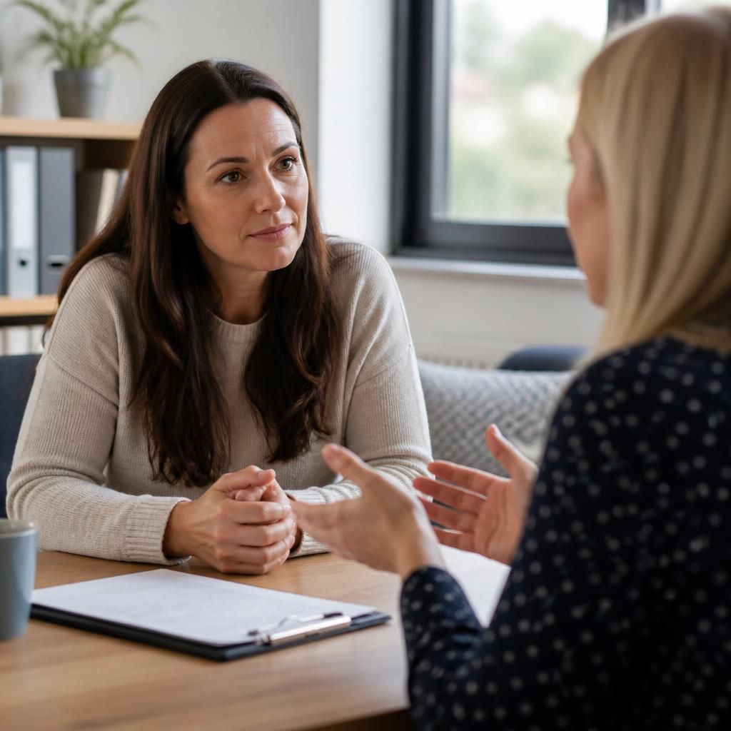 Foster carer speaking with a social worker during a support meeting