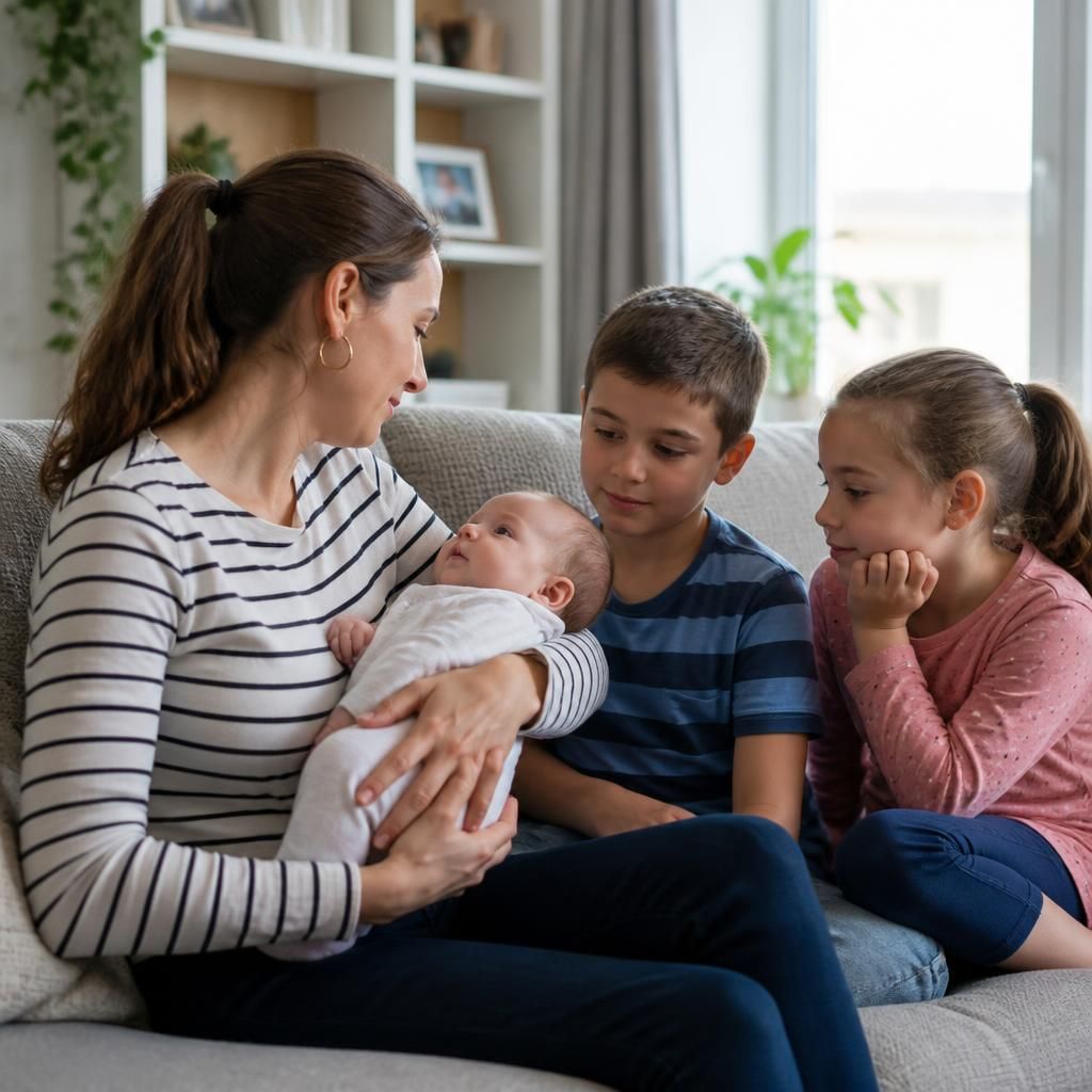 Parent holding a baby while two children sit nearby in a family home