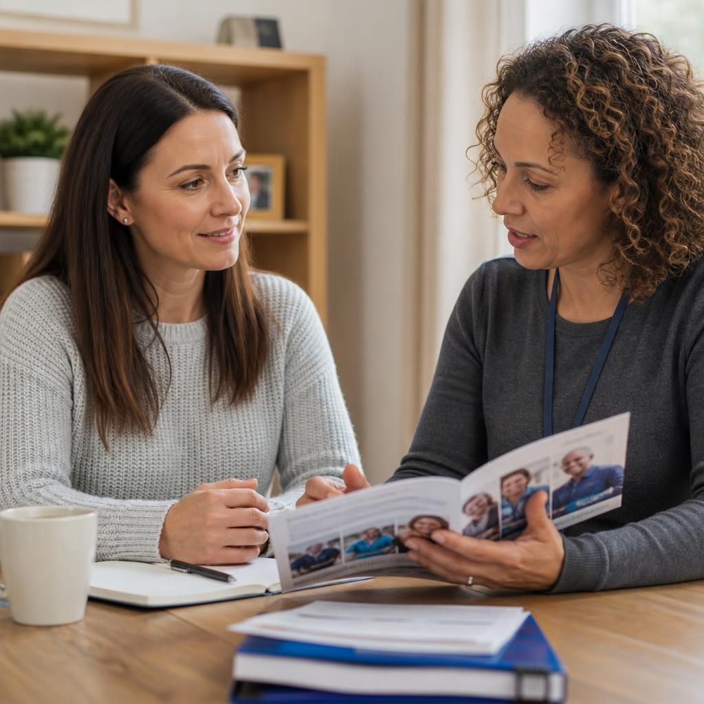 Foster carer discussing training materials with a social worker