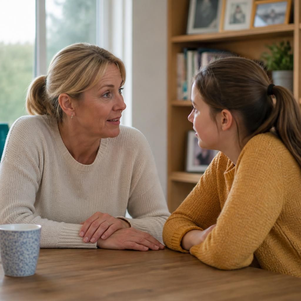 Foster carer and child talking together at a table