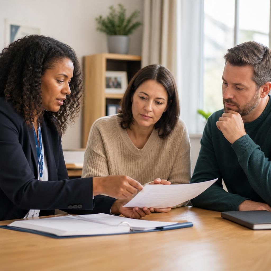 Social worker reviewing application documents with prospective foster to adopt applicants