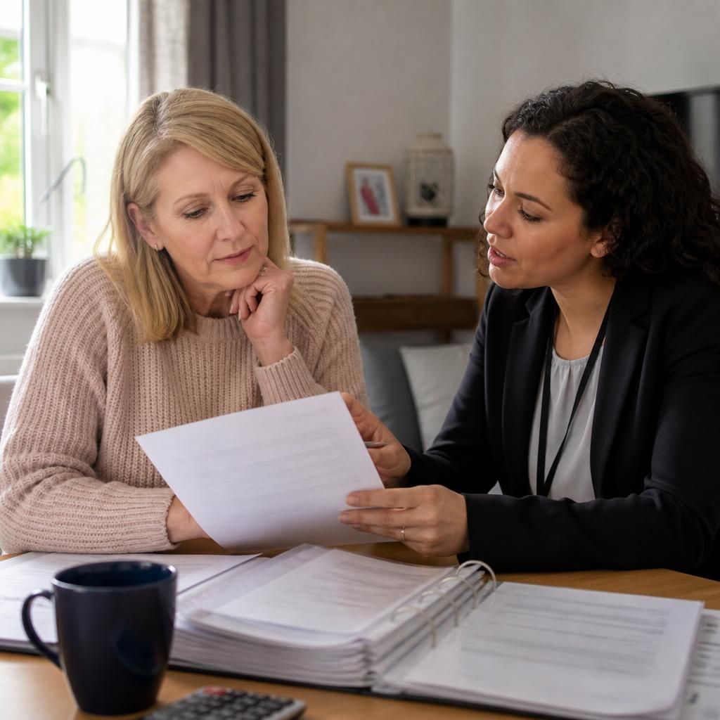 Foster carer reviewing placement payment information with a social worker