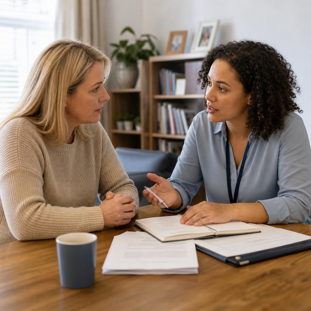 Foster carer and social worker discussing a child’s care plan at a table