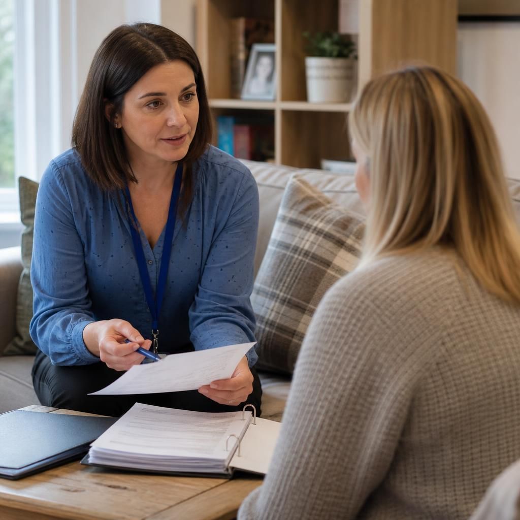 Social worker reviewing fostering assessment documents with a prospective foster carer