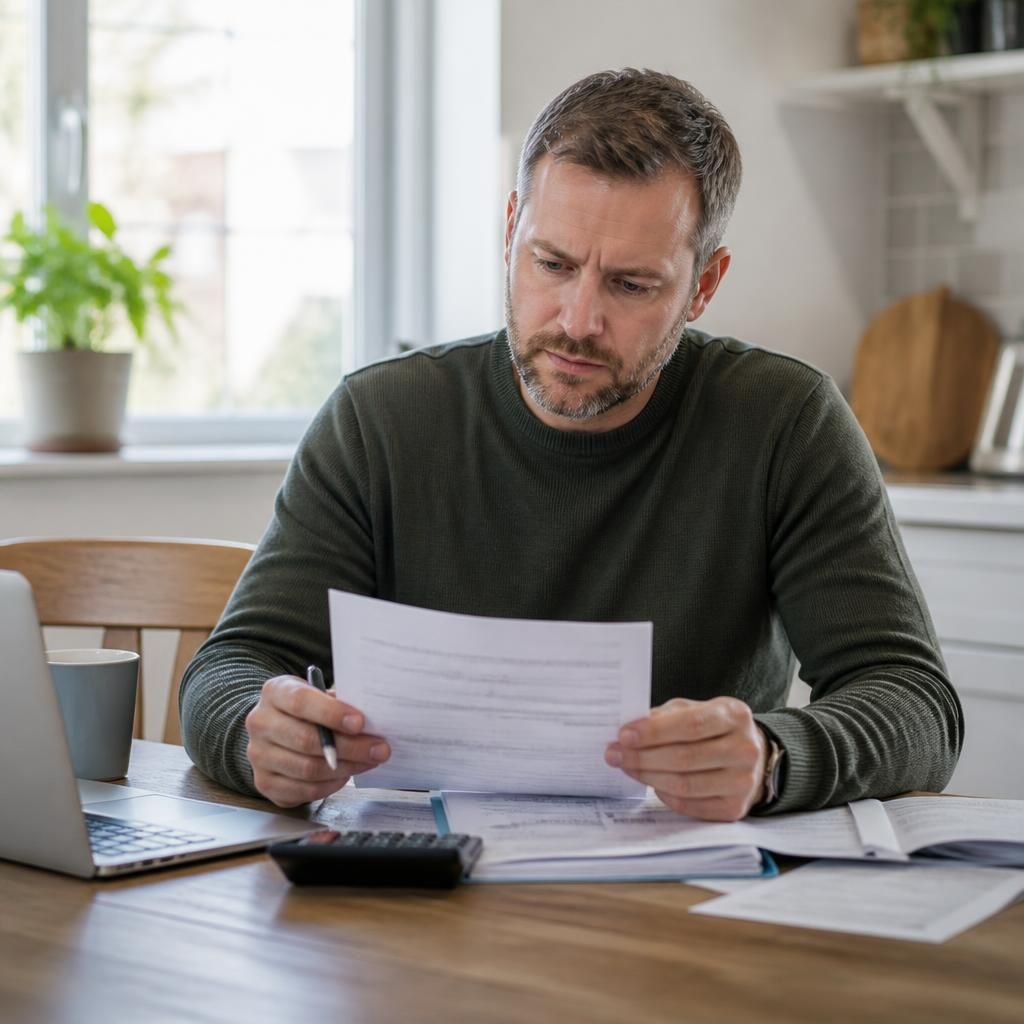Foster carer reviewing placement paperwork and payment terms at a kitchen table