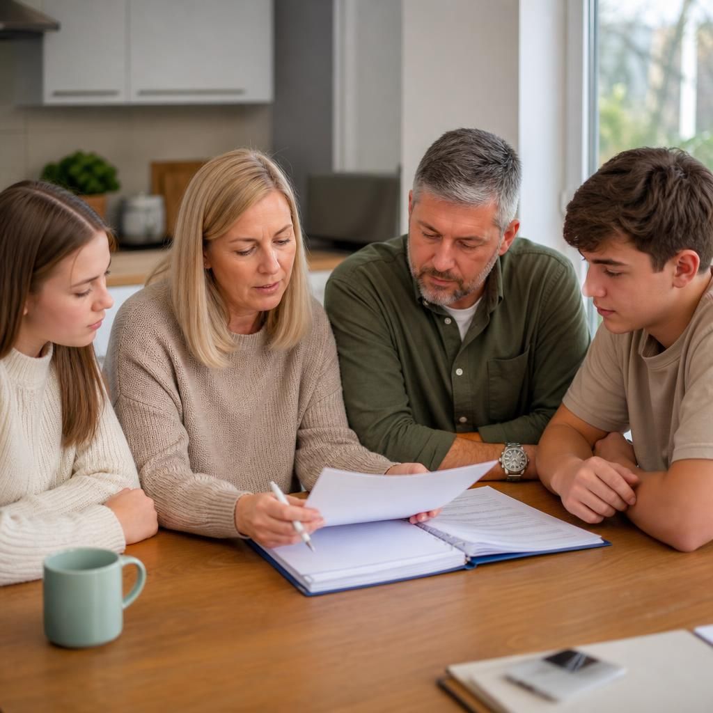 Family members discussing fostering paperwork around a kitchen table