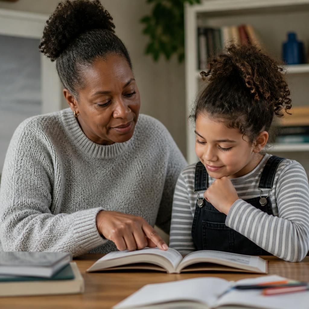 Adult and child reading together at a table