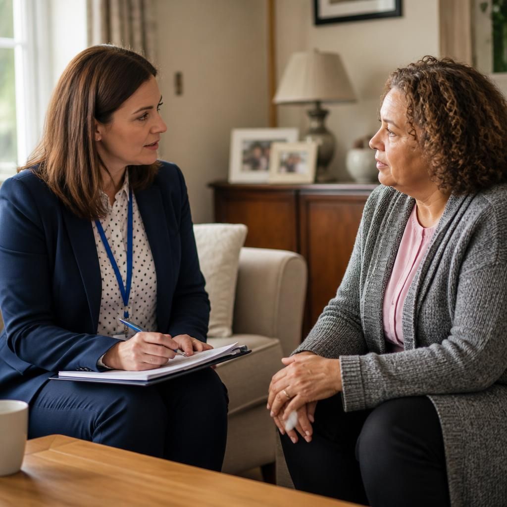 Social worker discussing a child’s care with a relative in a home setting