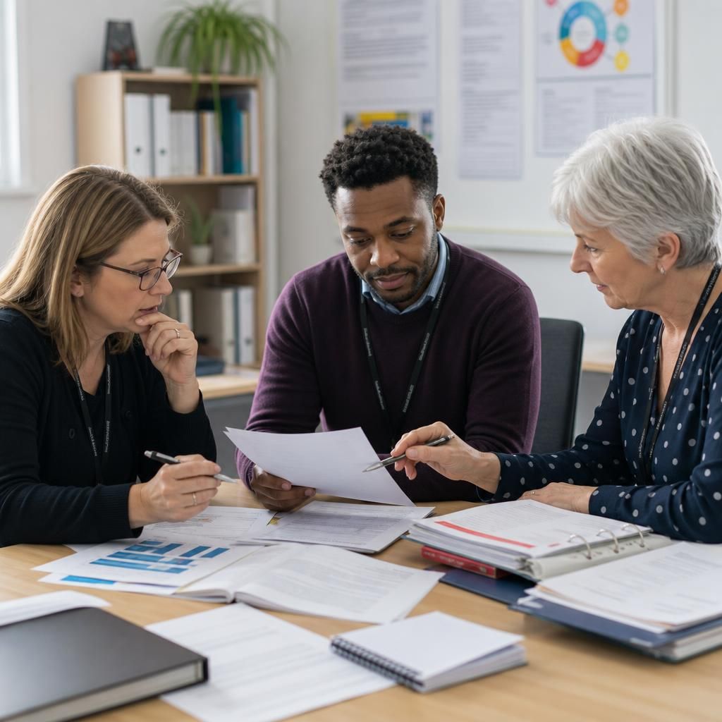 Fostering professionals reviewing assessment documents around a table