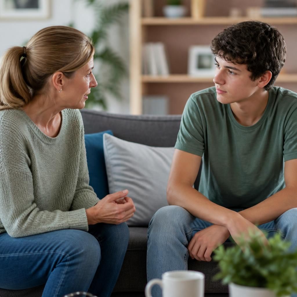 Adult talking with a teenager at home