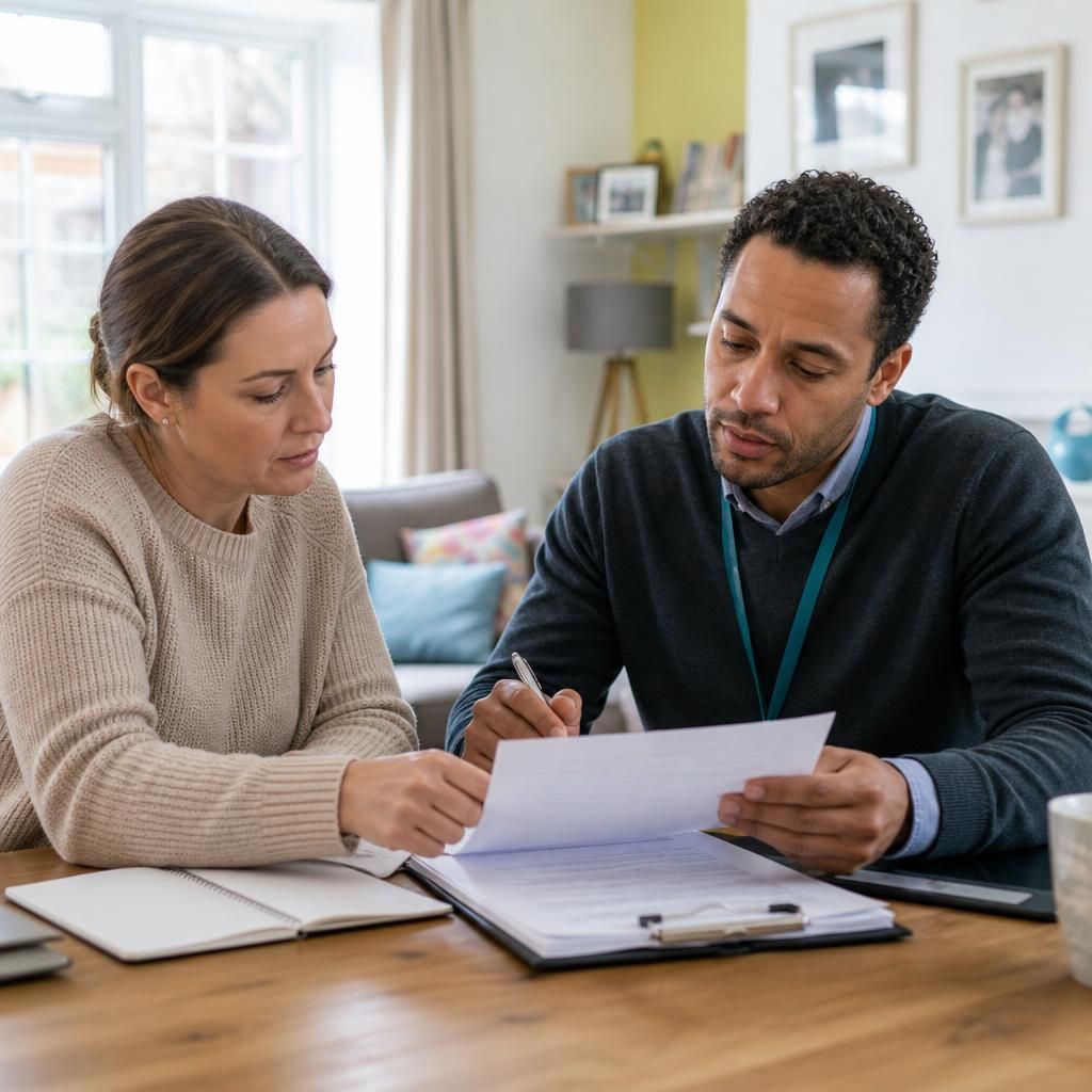 Social worker and foster carer reviewing a child’s placement information together