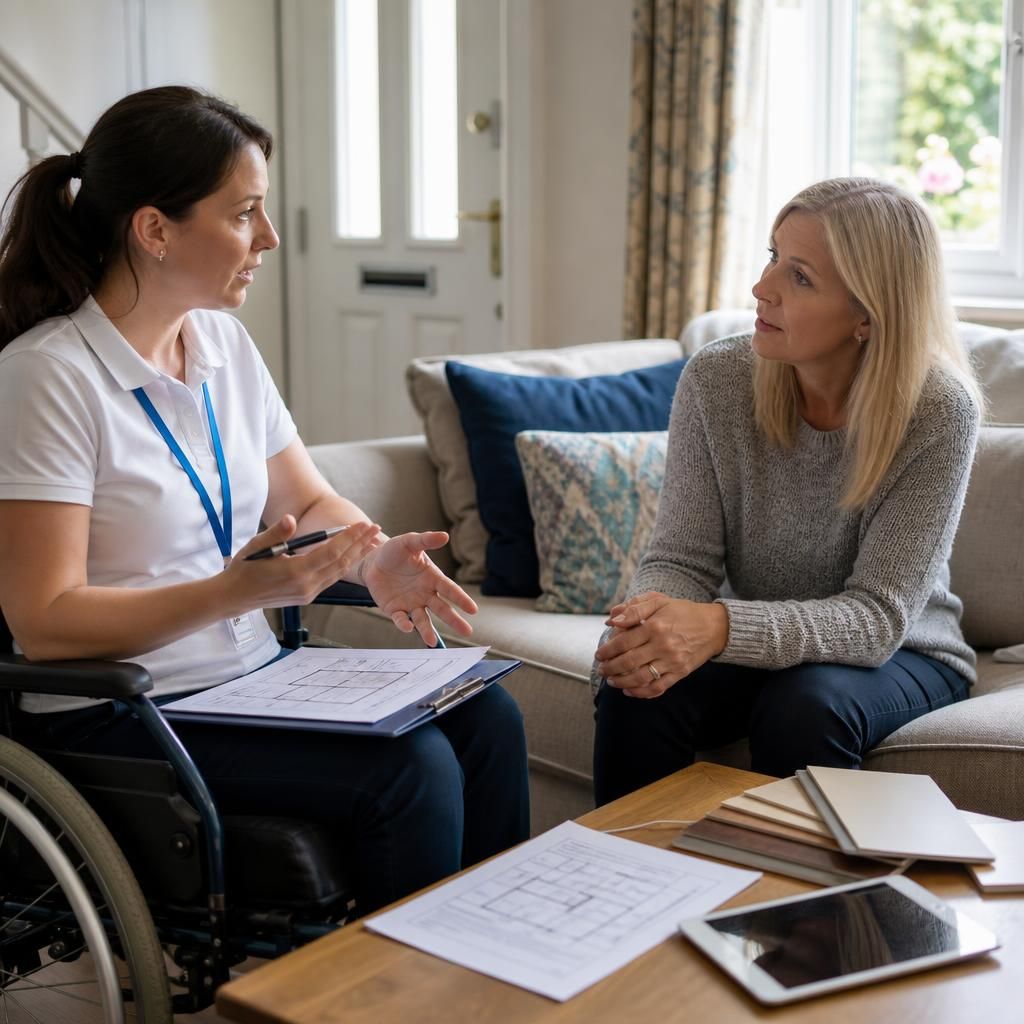 Occupational therapist discussing home adaptations with a foster carer