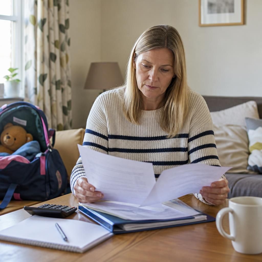 Foster carer reviewing placement paperwork with a child's belongings nearby