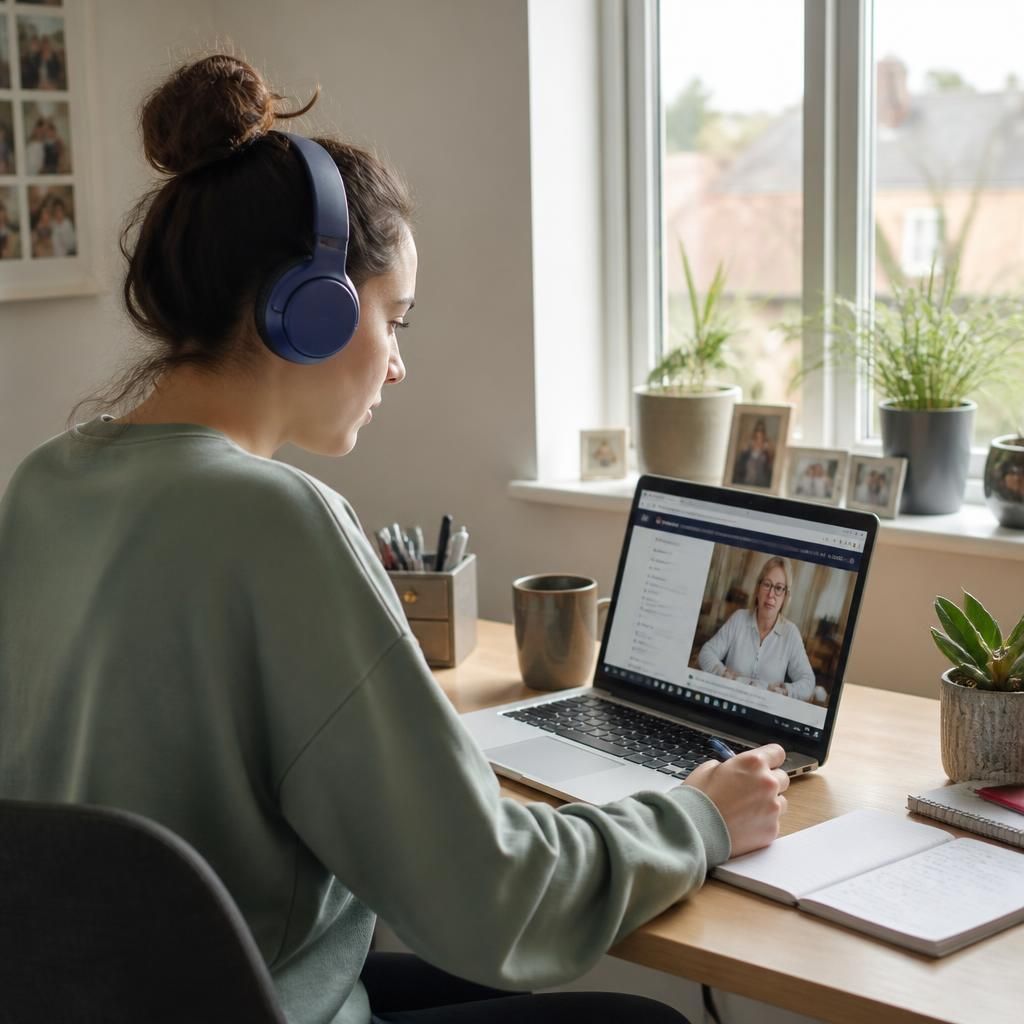 Learner using a laptop with headphones while completing online foster training