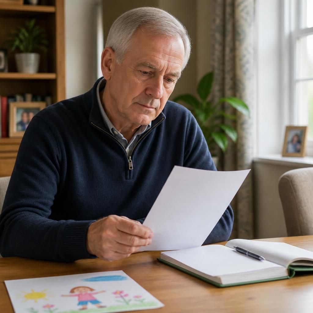 Older adult reviewing fostering paperwork beside a child’s drawing