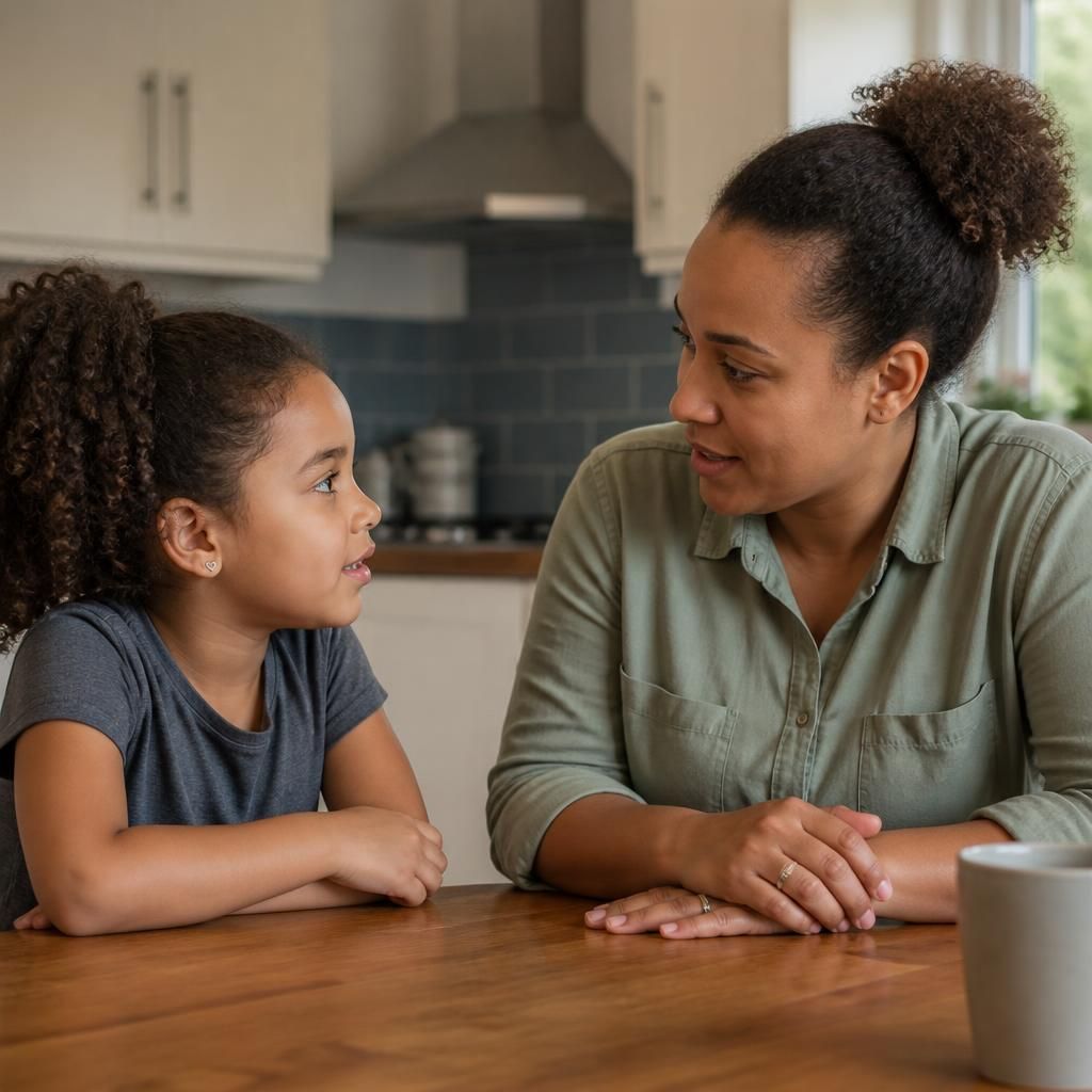 Kinship carer and child talking together at a kitchen table