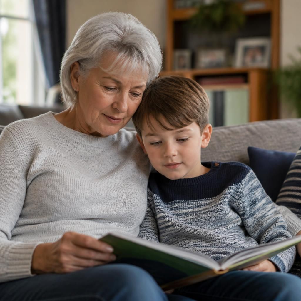Grandparent reading with a child at home