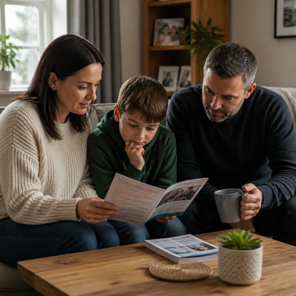 Family looking at information together during a quiet conversation