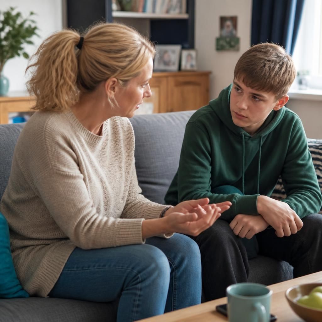 Adult and child having a respectful conversation at home