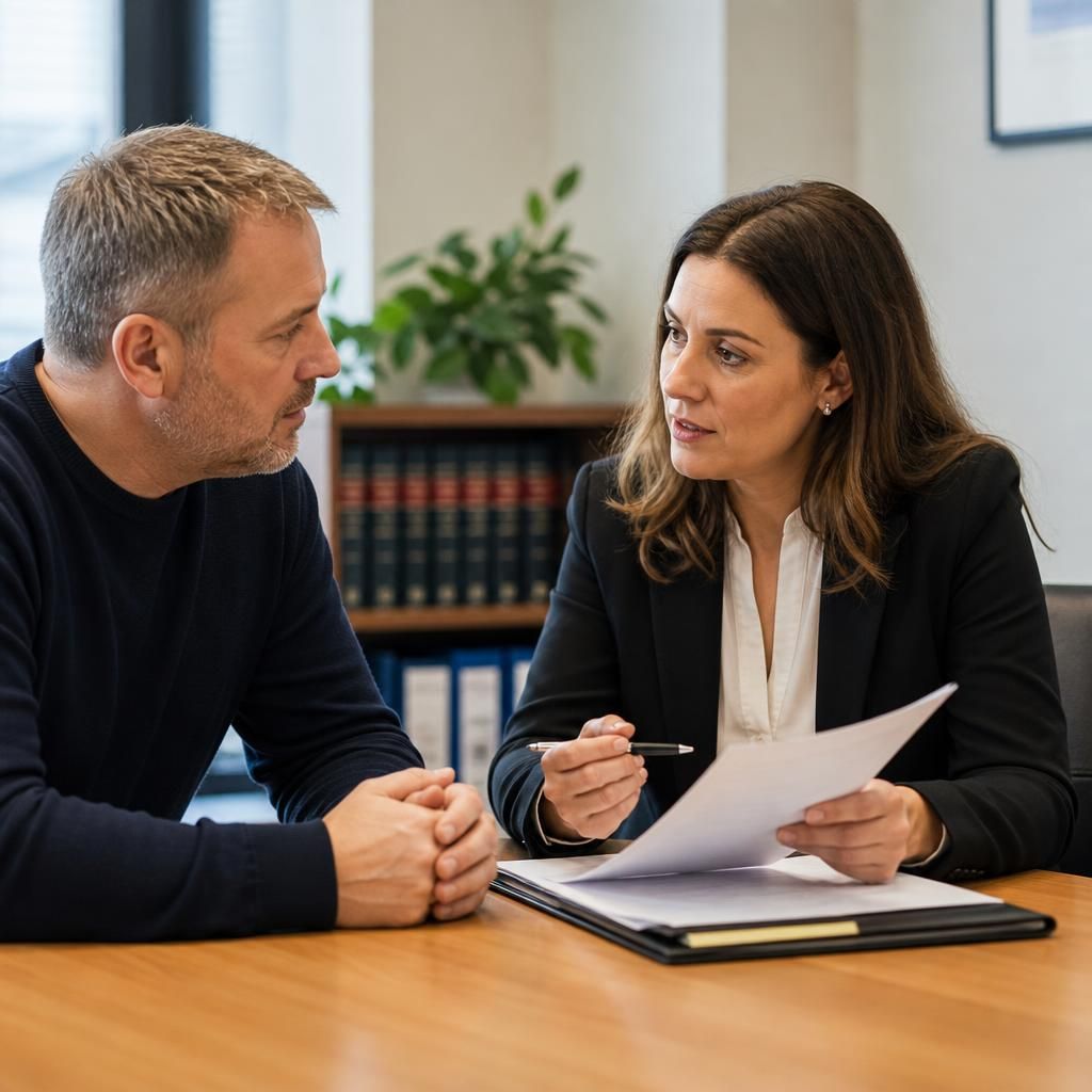 Foster carer and solicitor discussing documents at a desk