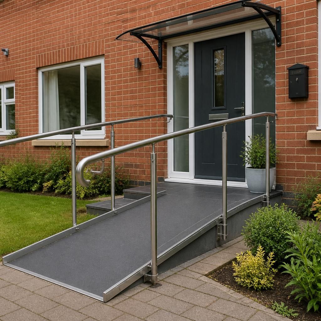 Home entrance with a handrail, ramp and level access