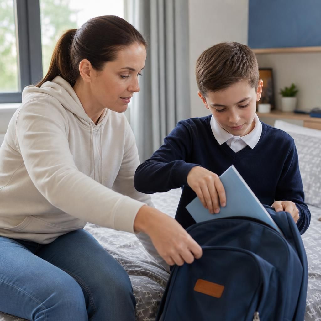Foster carer helping a child prepare a school bag at home