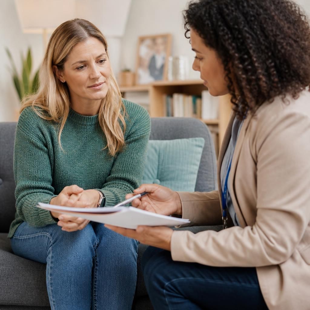 Foster carer discussing a child’s placement information with a social worker