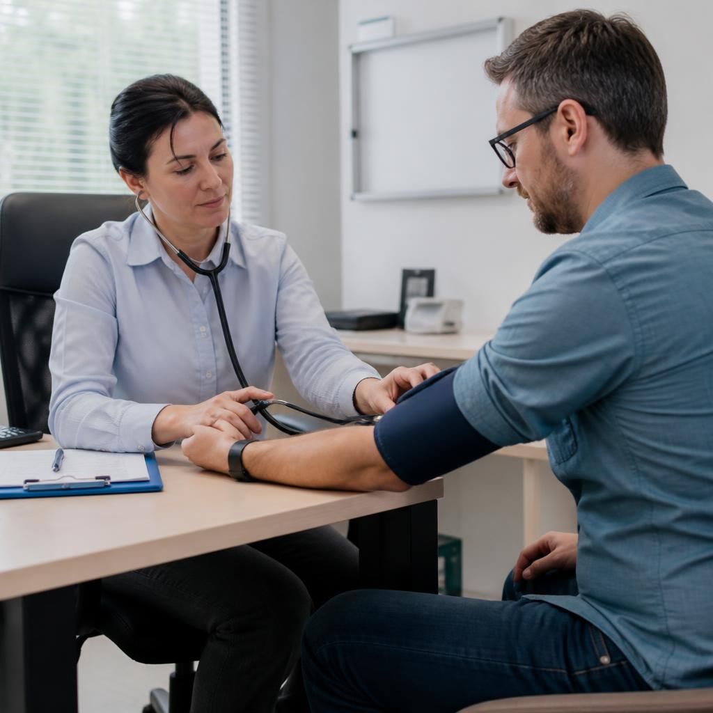 Doctor checking a foster carer applicant’s blood pressure during a medical assessment