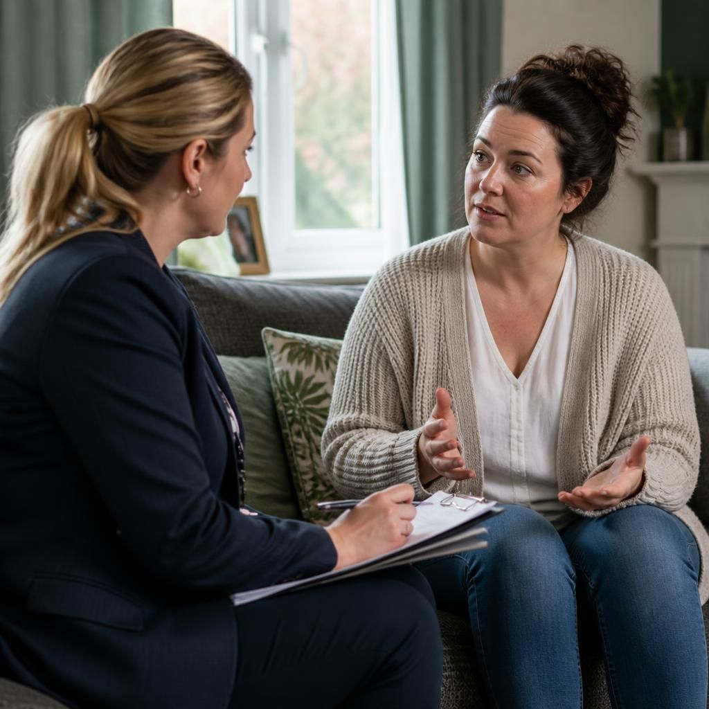 Foster carer speaking with a social worker during a home visit
