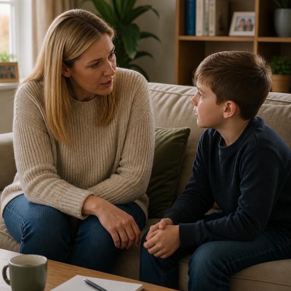 Foster carer and child discussing a family visit at home