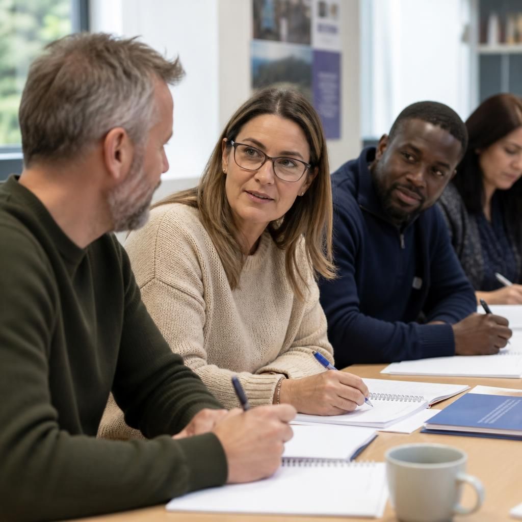 Foster carers discussing notes during a training session