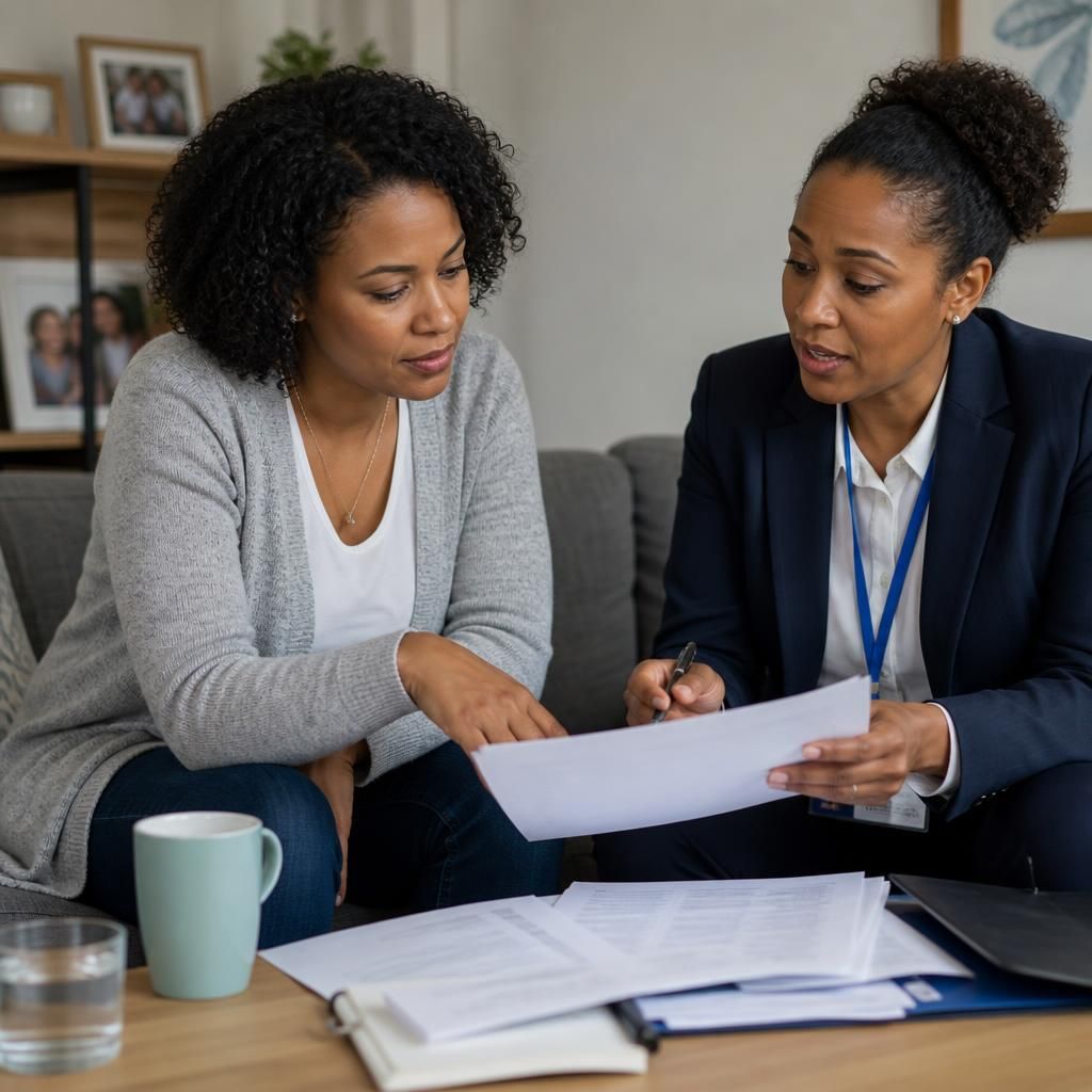 Kinship carer reviewing placement and allowance documents with a social worker