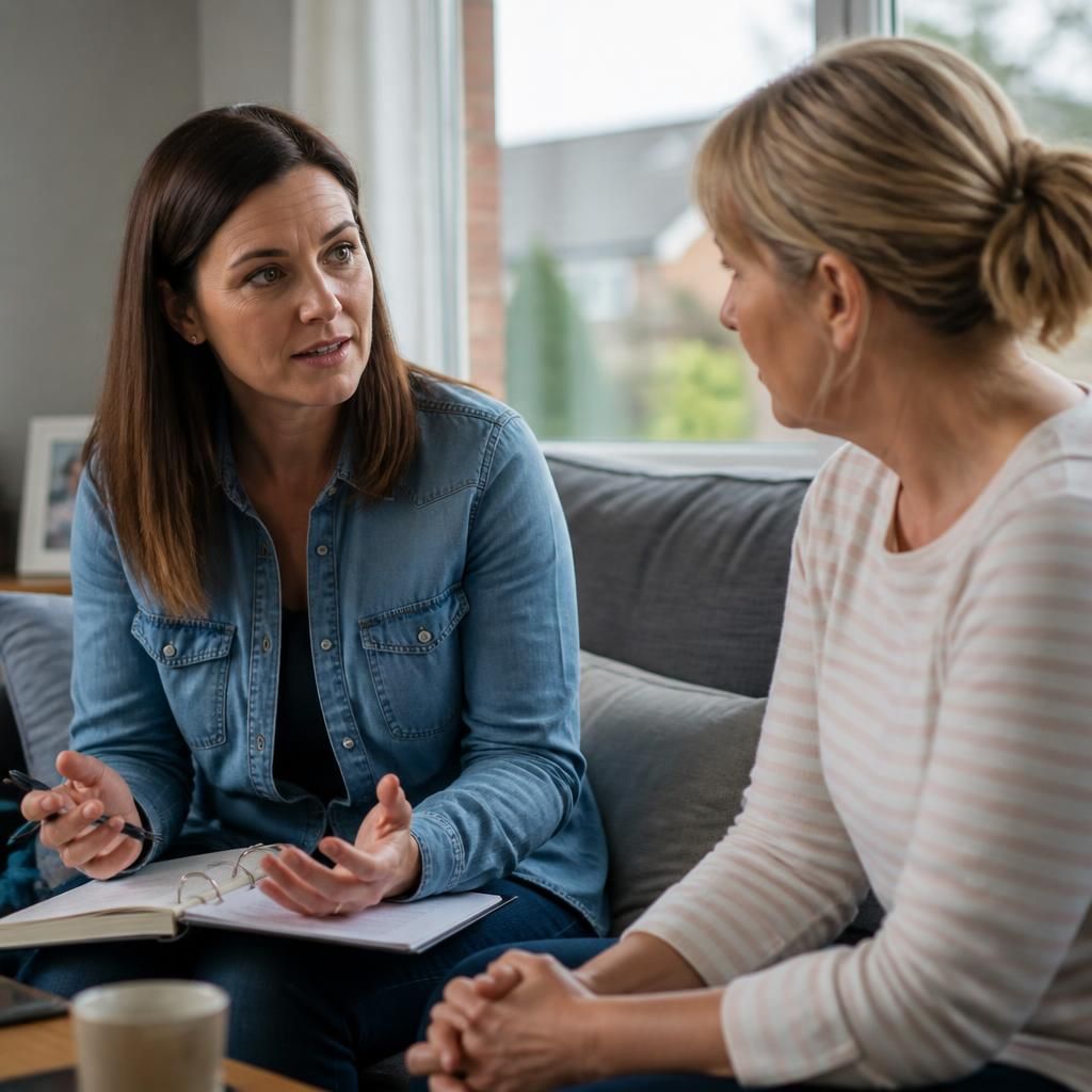 Foster carer discussing a child's care arrangements with a social worker