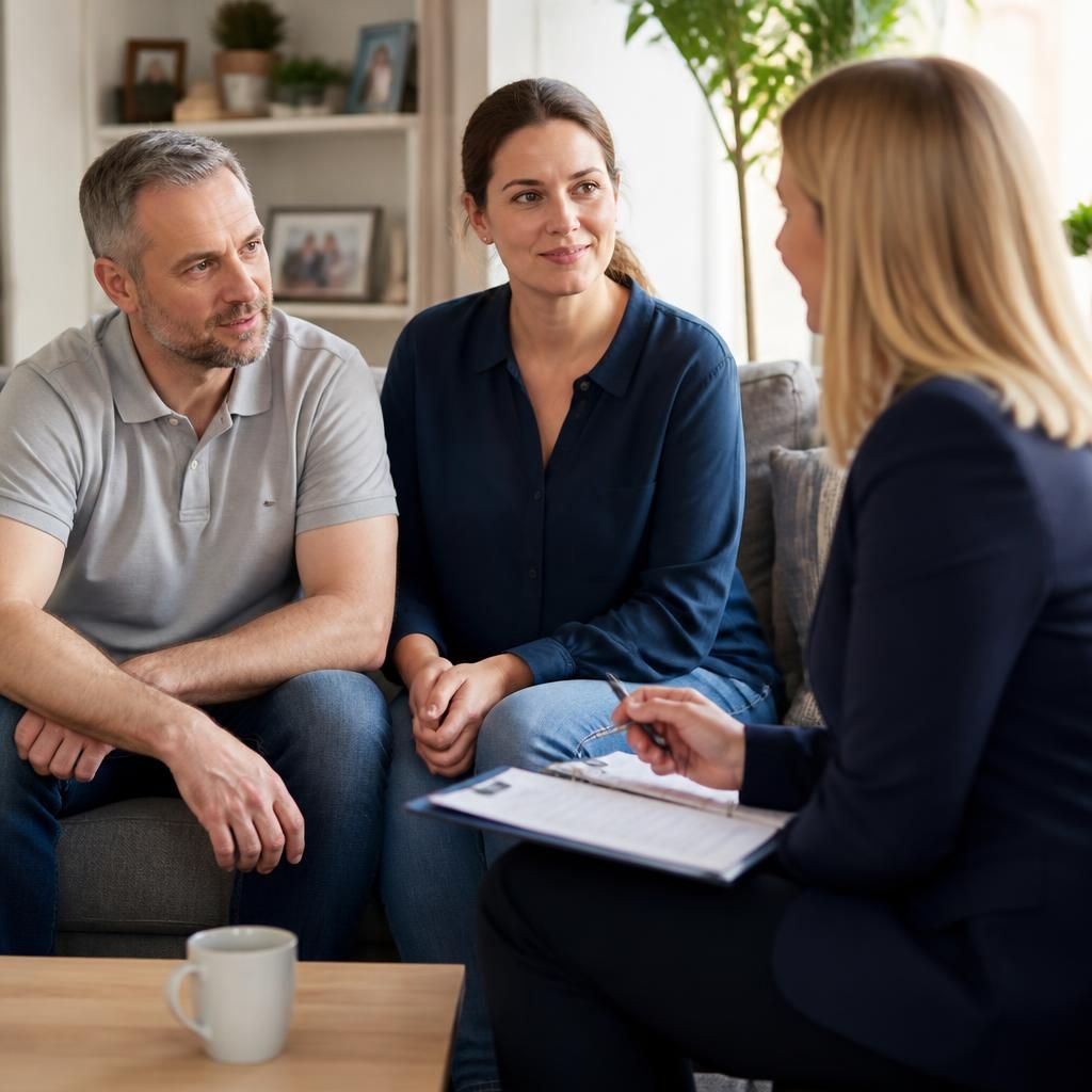 Fostering applicants meeting with an assessing social worker at home