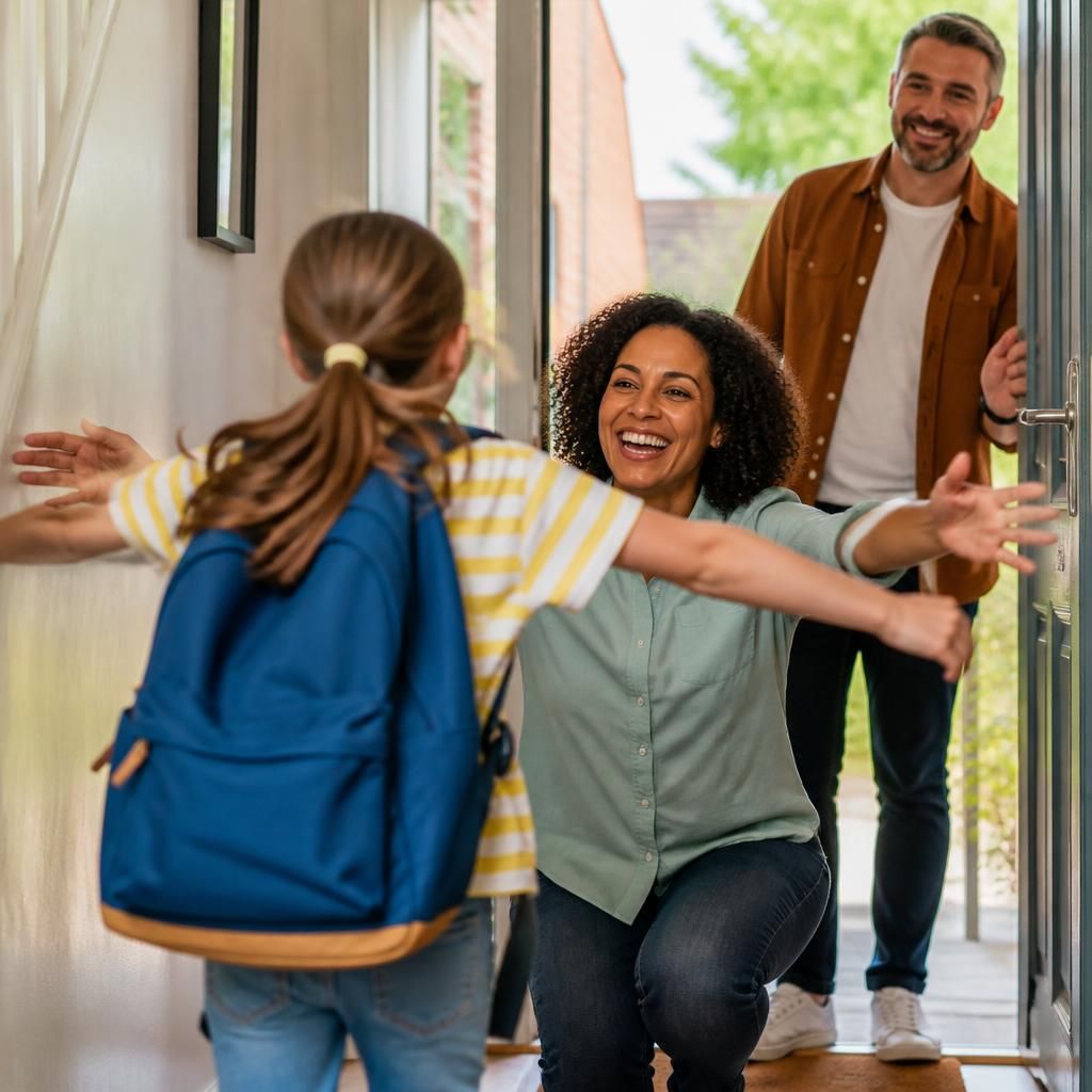 Foster carer welcoming a child into a family home