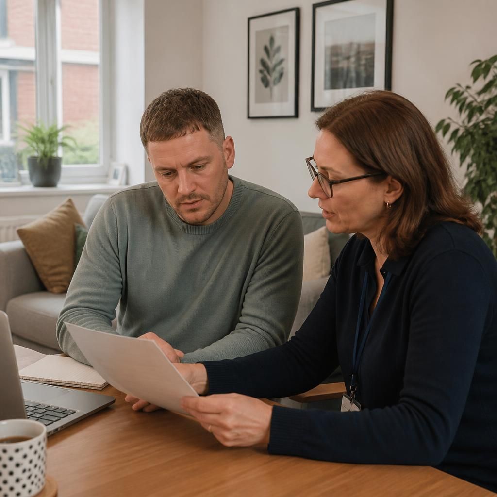 Foster carer reviewing DBS check paperwork with an adviser